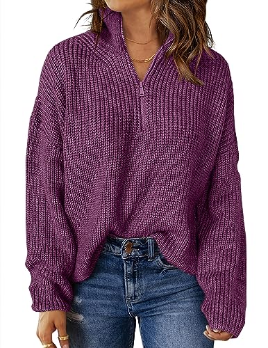 MEROKEETY Women's 2024 Long Sleeve Chunky Knit Sweaters 1/4 Zip Polo V Neck Casual Pullover Tops,Darkpurple,M