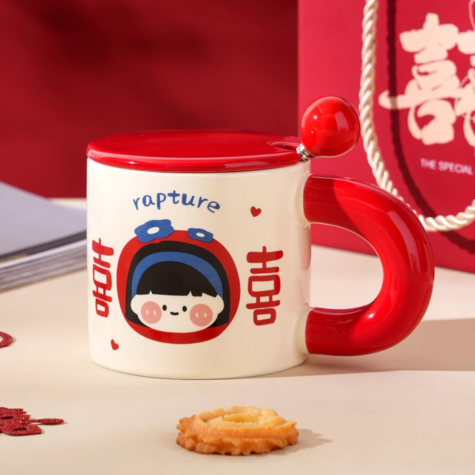 Tazza da tè dal Design Unico, Tazza in Ceramica con Coperchio e Cucchiaio a Forma di Ragazzo Felice, da Caffè da 380 Ml per tè e Caffè, Grazioso Regalo di San o Natale(Red)