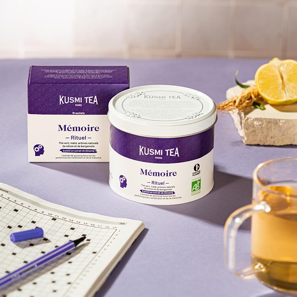 Kusmi Tea - Rituel Mémoire - Thé Vert, Maté Bio - Enrichi en extrait de Ginseng - Arômes Naturels de Citron et de Bergamote - Boîte Thé Métal 100g - Quantité pour environ 50 Tasses