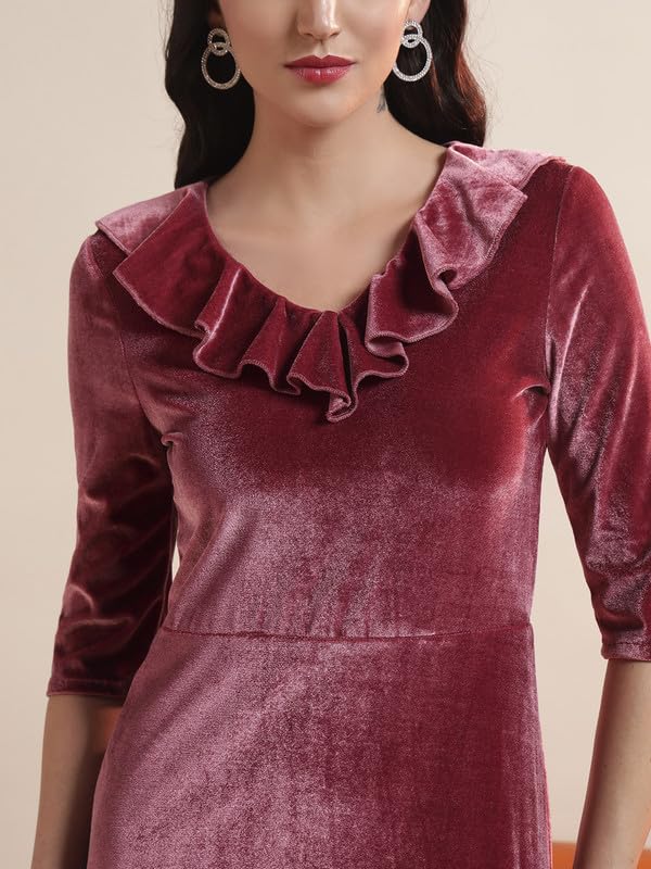 Image of Vaararo V-Neck Party Dress for Women Bodycon | Shiny Velvet Half Sleeves Above Knee Length Outfit