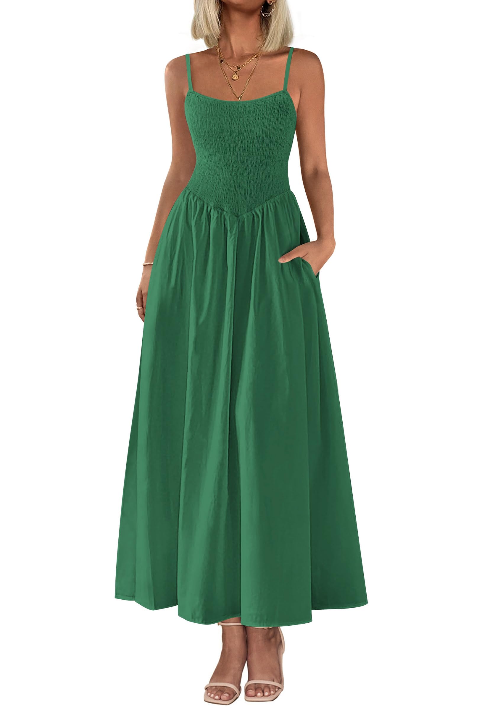 Women's Smocked Maxi Dresses 2026 Summer Sundress Casual Spaghetti Strap Swing A Line Long Flowy Beach Dress
