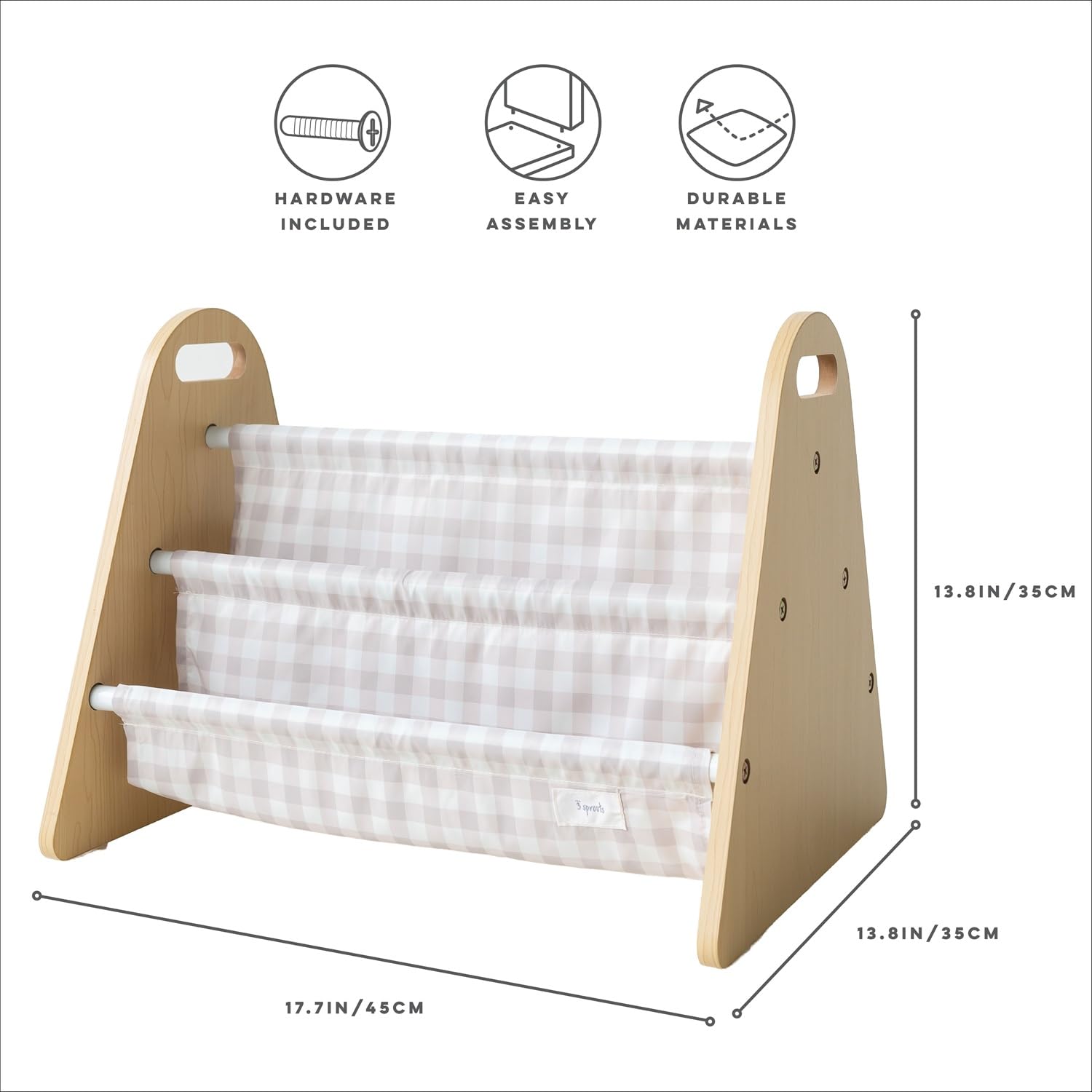 3 Sprouts Bibliothèque Enfant Double Face - Rangement Livre Enfant - Portable Petite Bibliothèque Livre - Étagère Enfant - Bibliothèque Bébé Montessori - Meuble pour Chambre d’Enfant, Vichy Beige