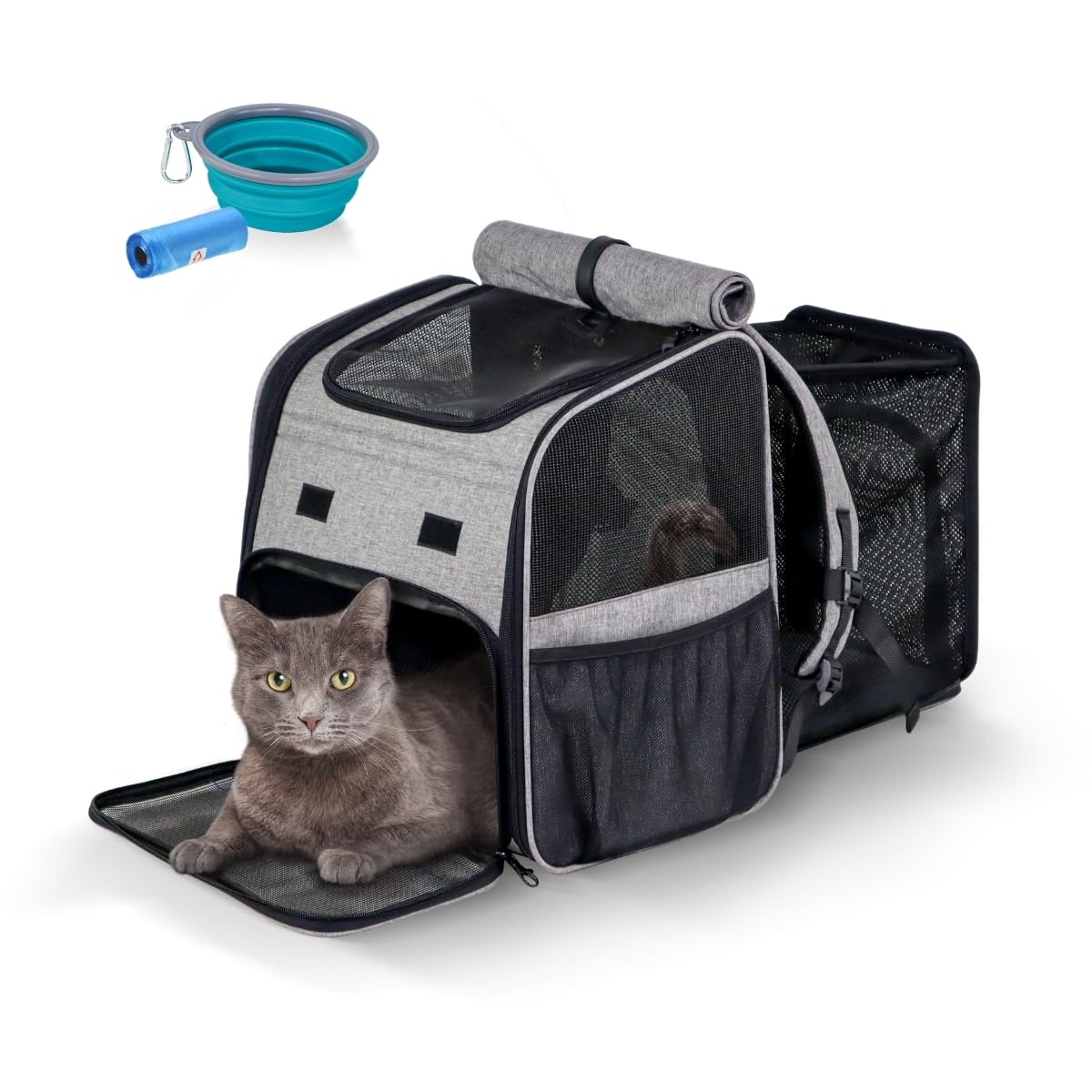 Mobiclinic® Pets, Mochila para Mascotas. Tula, Plegable, Ventilación, Bolsillos, Incluye comedero y Bolsas, Múltiples accesos, Ajustable, 37x29x37.5 cm, Transportín gatos y Perros