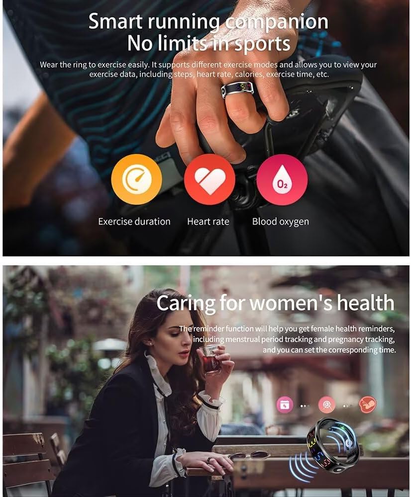 Smartphone screens showing the JRing app interface for health data and sports tracking.