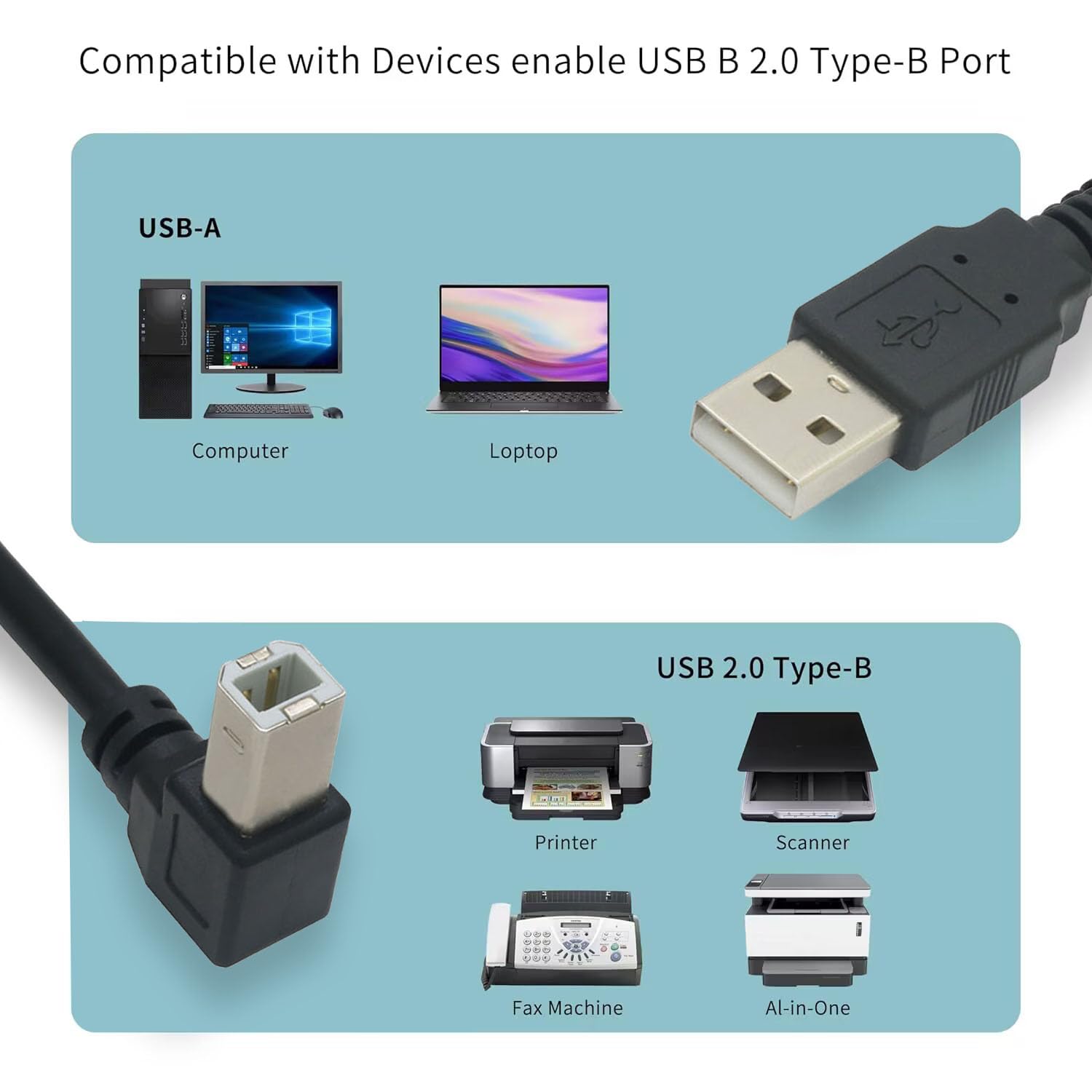 USB 2.0 High Speed Drucker/Scanner, rechtwinkliges Kabel, USB-Druckerkabel, 90 Grad, USB 2.0 A-Stecker auf B-Stecker, Drucker, Scanner, USB-B-Kabel mit 480 Mbit/s (Abwärtswinkel, 149,9 cm)