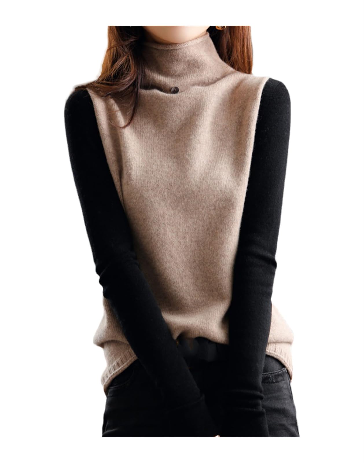 Mnjyihy Women's Cashmere Sweater Vest Women's Turtleneck Wool Knit Loose Sleeveless Pullover Sweater khaki9 M