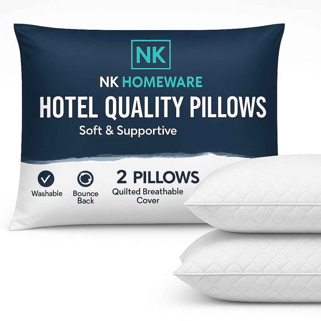 NK Homeware Pillows Hotel Quality with Quilted Cover Hypoallergenic & Dust Mite Resistant Filling – Ideal for Stomach, Back and Side Sleepers Down Alternative Hotel Pillows (2 Pillows)