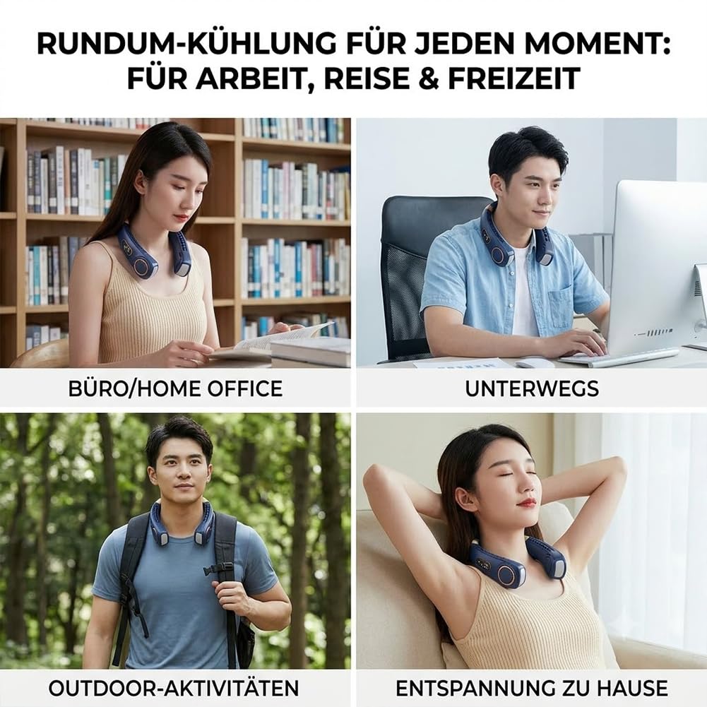 Nackenventilator mit Kühlung, Tragbarer Hals Ventilator Leise, 5 Geschwindigkeiten, Wiederaufladbarer Nackenlüfter mit Akku und LED-Display, Bladeless Ventilator für Nacken