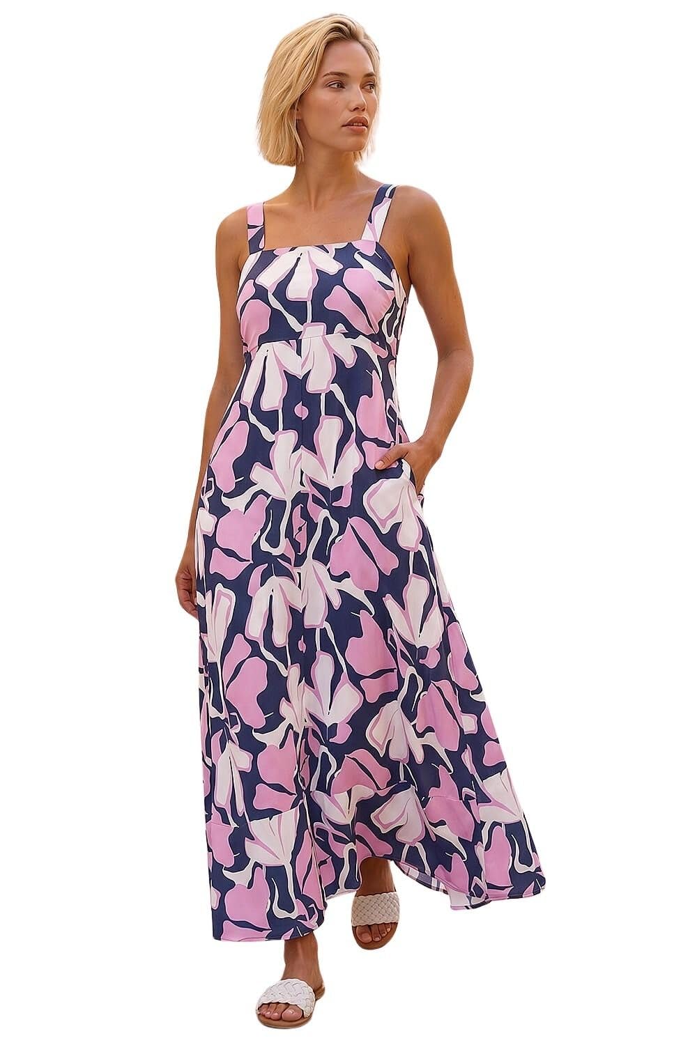 Roman Originals Floral Strappy Maxi Dress for Women UK - Ladies Everyday Holiday Spring Summer Square Neckline Comfy Soft Evening Vacation Work Party Navy