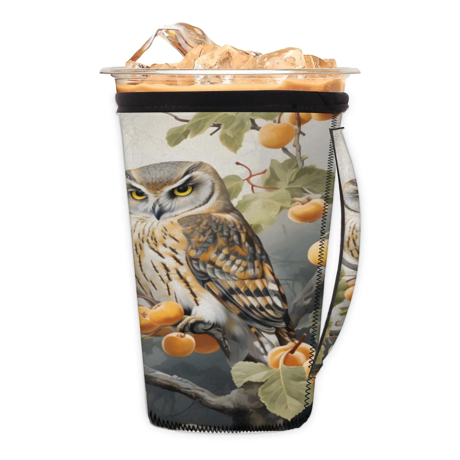 Fruit Tree Owls Reusable Neoprene Coffee Sleeve with Handle Insulated Iced Coffee Cup Holder Reduces Condensation Fits 24-28 oz Cups M