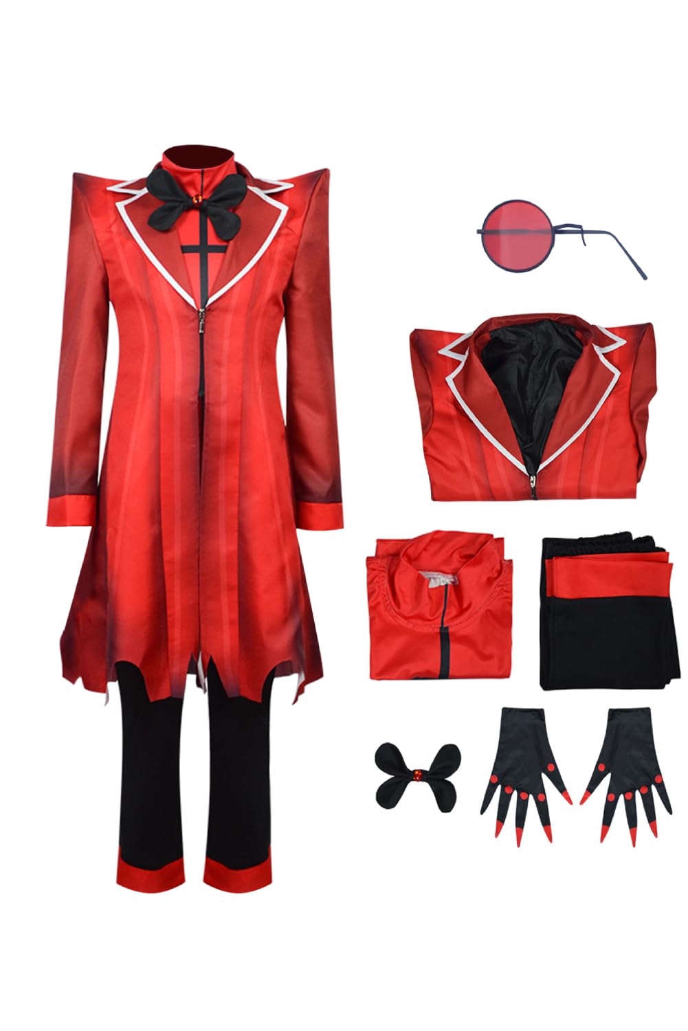 Yulefly Hazbin Hotel Cosplay Alastor Costume Red Suit Gloves Glasses Set Anime Cosplay Halloween Carnival 140