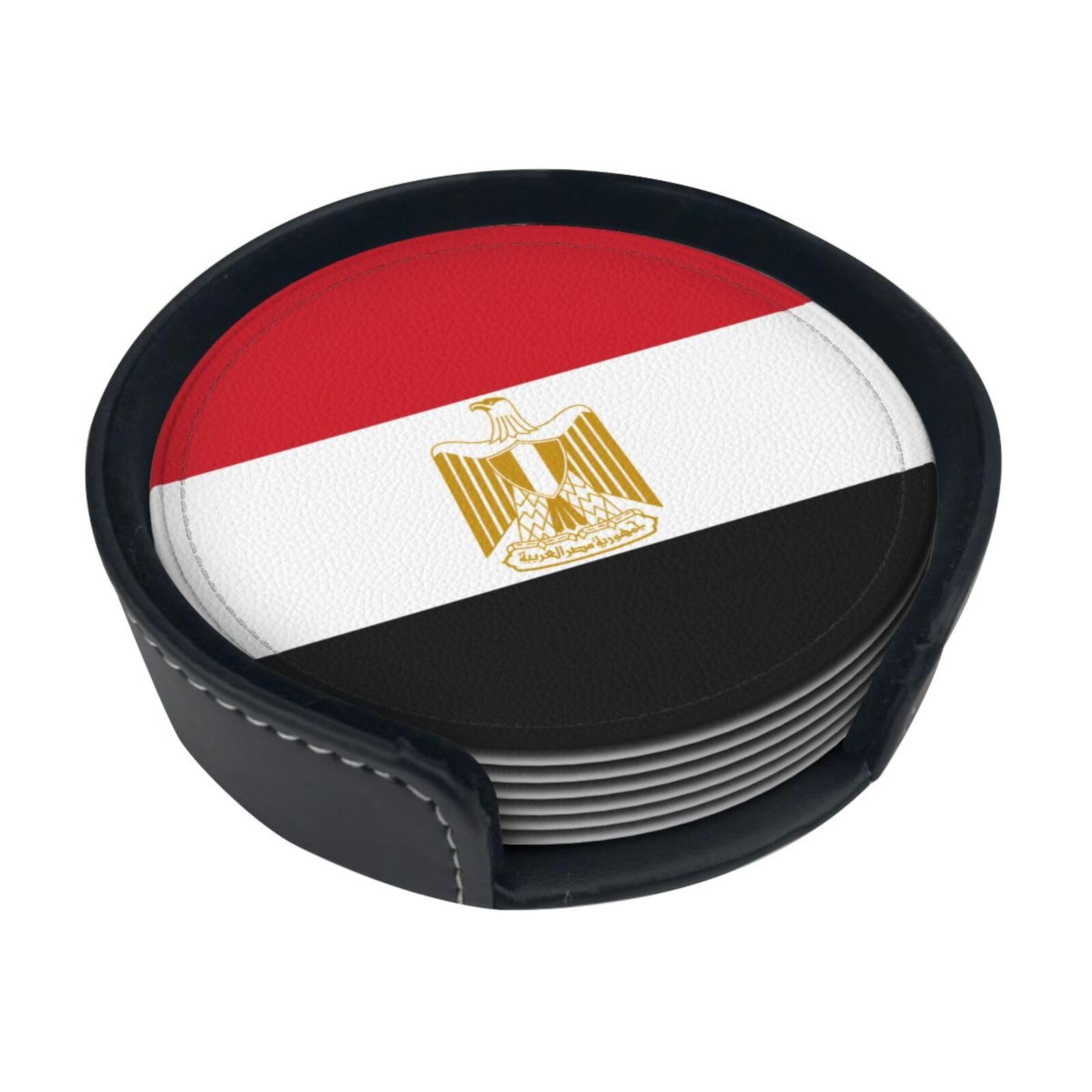 Cntdbu White Egyptian Flag Leather Coasters Set Of 6-Pu Leather Drink Mats For Table, Heat Resistant Round Coasters With Holder