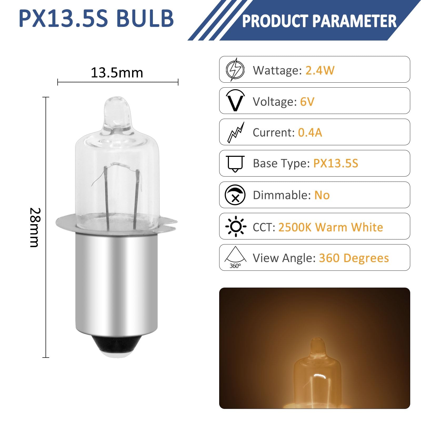 3 sztuki HS3 2,4 W 6 V żarówki halogenowe, ciepła biel 2500 K, miniaturowe żarówki, uchwyt lampy PX13,5s, zapasowa żarówka do żarówki reflektora rowerowego, latarki