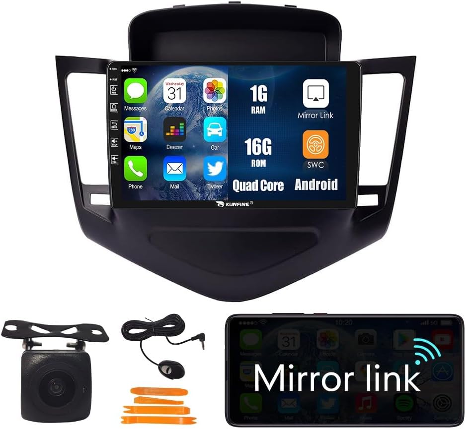 Kunfine Car Android Navigation Stereo GPS Radio Reverse Camera Display 9" IPS Touchscreen Headunit Tablet Pad Media Player for Chevrolet Cruze 2009-2015, if Applicable Quad Core 1G+16G