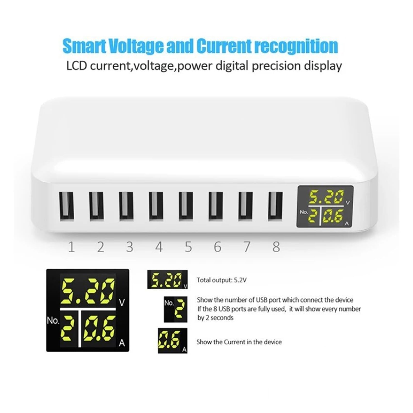 Ładowarka USB Z Cyfrowym Wyświetlaczem LED 40 W 8 A Maks. 2,4 A 8-portowa Ładowarka USB Hub Do Smartfonów I Innych Urządzeń Szybki Sejf