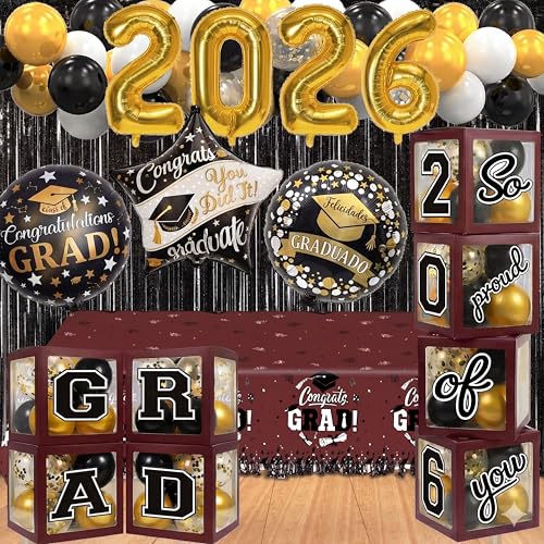 Image of Black and Maroon Graduation Decorations Class of 2026 - Graduation Balloon Boxes, Balloon Arch Garland Kit, Fringe Curtains, Party Decorations 2026 for Any Grades