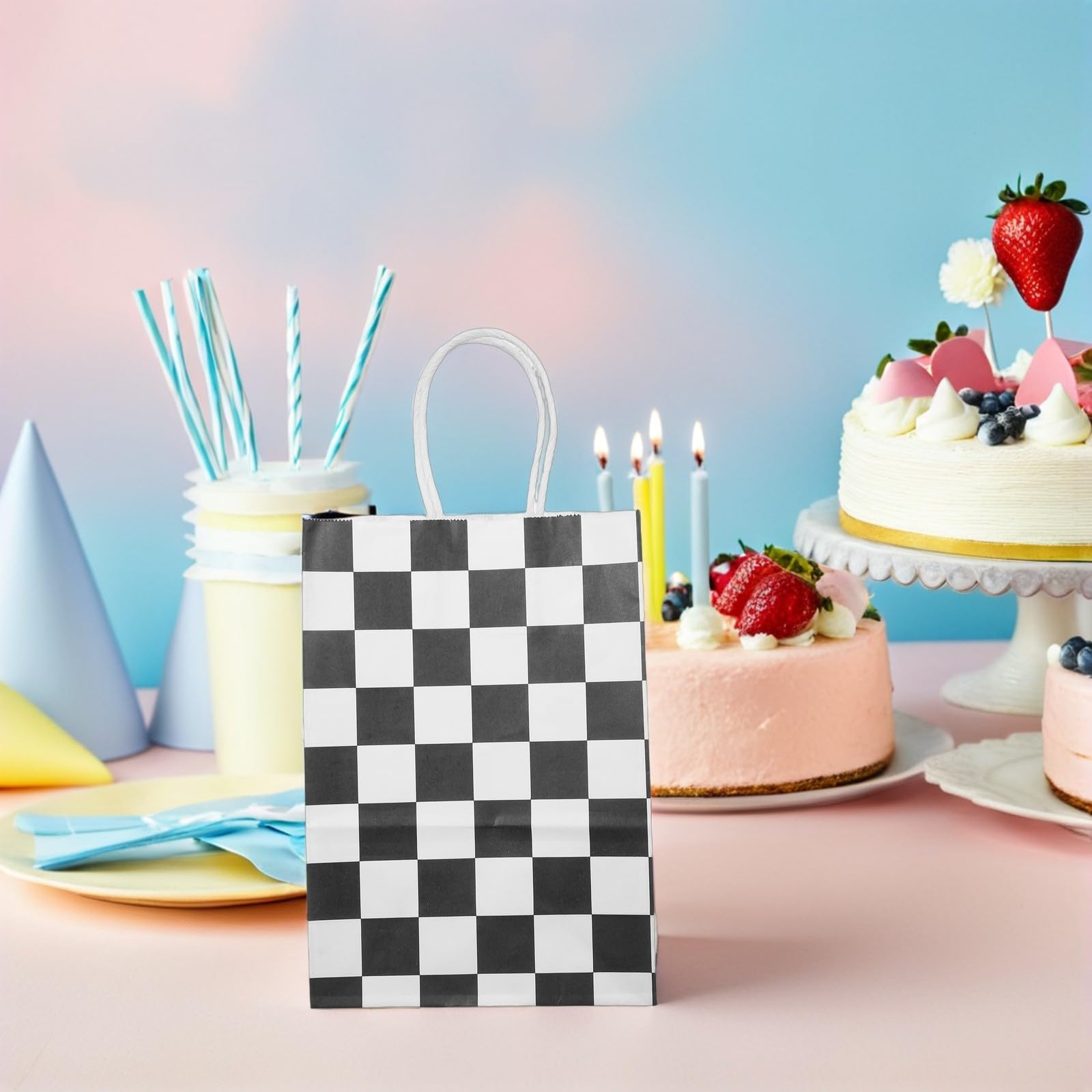 Bolsas Diseño Versátil de Papel a Cuadros 24 para Regalos y Fácil de Llevar de Fiesta de Carreras para Niños y Adultos