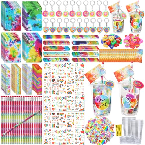 Noveread 251 Pcs Party Favors Set Includes Drink Gift Cup Mini Notebooks Pencils Heart Eraser Pencil Sharpener Slap Bracelets Ruler Tattoo Stickers Cards Keychain School Stationery Set (Tie Dye)