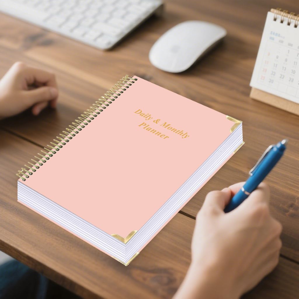 Undated Daily Monthly Planner for 2026 or Anytime - A4 To Do List with Hourly Schedule, Hardcover Spiral Bound Daily Planner to Increase Focus, Stylish School/Office Supplies, 8.5" x 11", Pink