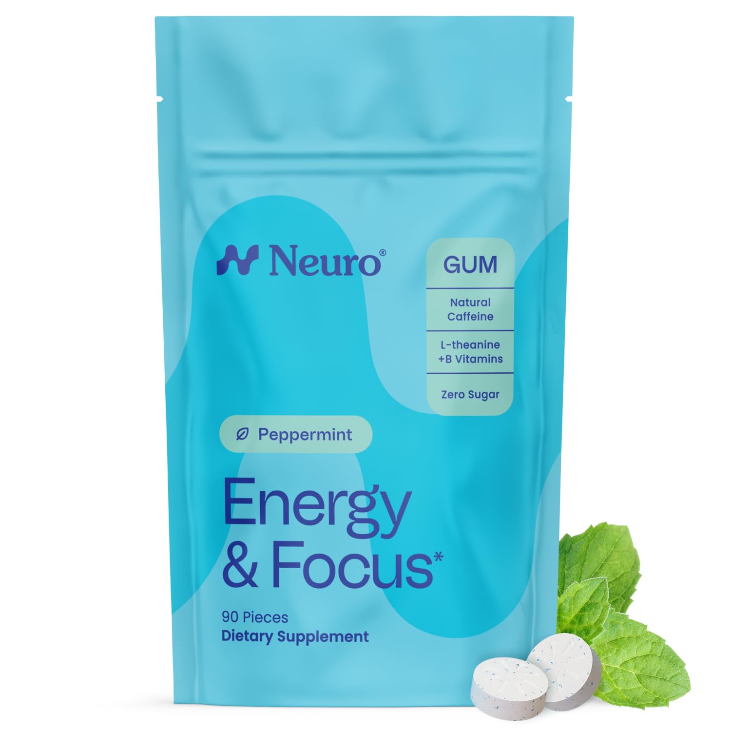 NeuroGum Energy Caffeine Gum (90 Pieces) - Sugar Free with L-theanine + Natural Caffeine + Vitamin B12 & B6 - Nootropic Energy & Focus Supplement for Women & Men - Keto & Vegan, Peppermint Flavor