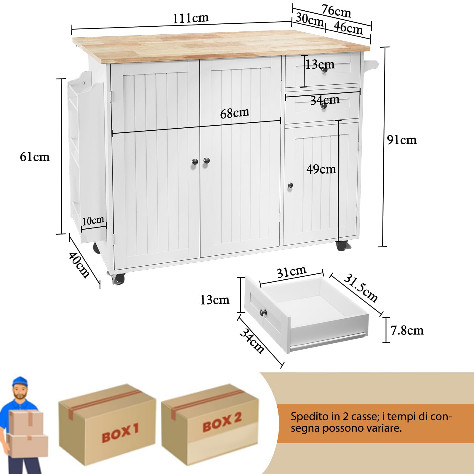 HOLTICO Isola da Cucina su Ruote con Piano in Legno di Gomma, Isola con Ripiani Regolabili, Cassetti e Portaspezie, Mobile Multifunzione, Bianco
