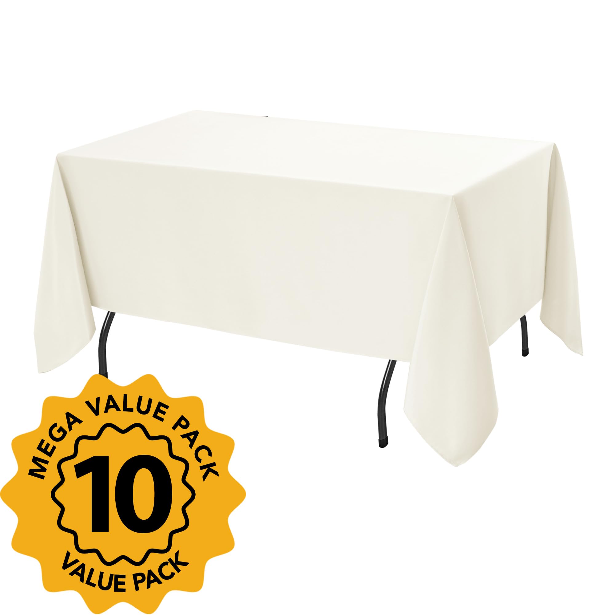 Condition photo showing New/Like New for 10-pack ivory tablecloths for rectangle tables, 70 x 108 inches | stain-resistant polyester fabric for 6 foot tables - washable table covers for weddings, banquets, birthday parties, events