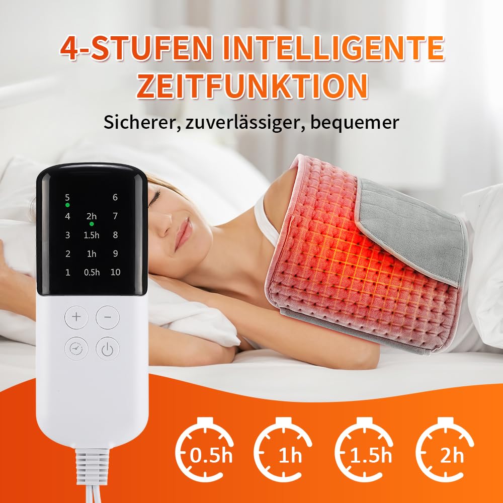 Cojín térmico eléctrico para espalda y vientre, con apagado automático, 10 niveles de temperatura de 38 a 60 °C, 4 temporizadores de 0,5 a 2 horas, supersuave y lavable a máquina
