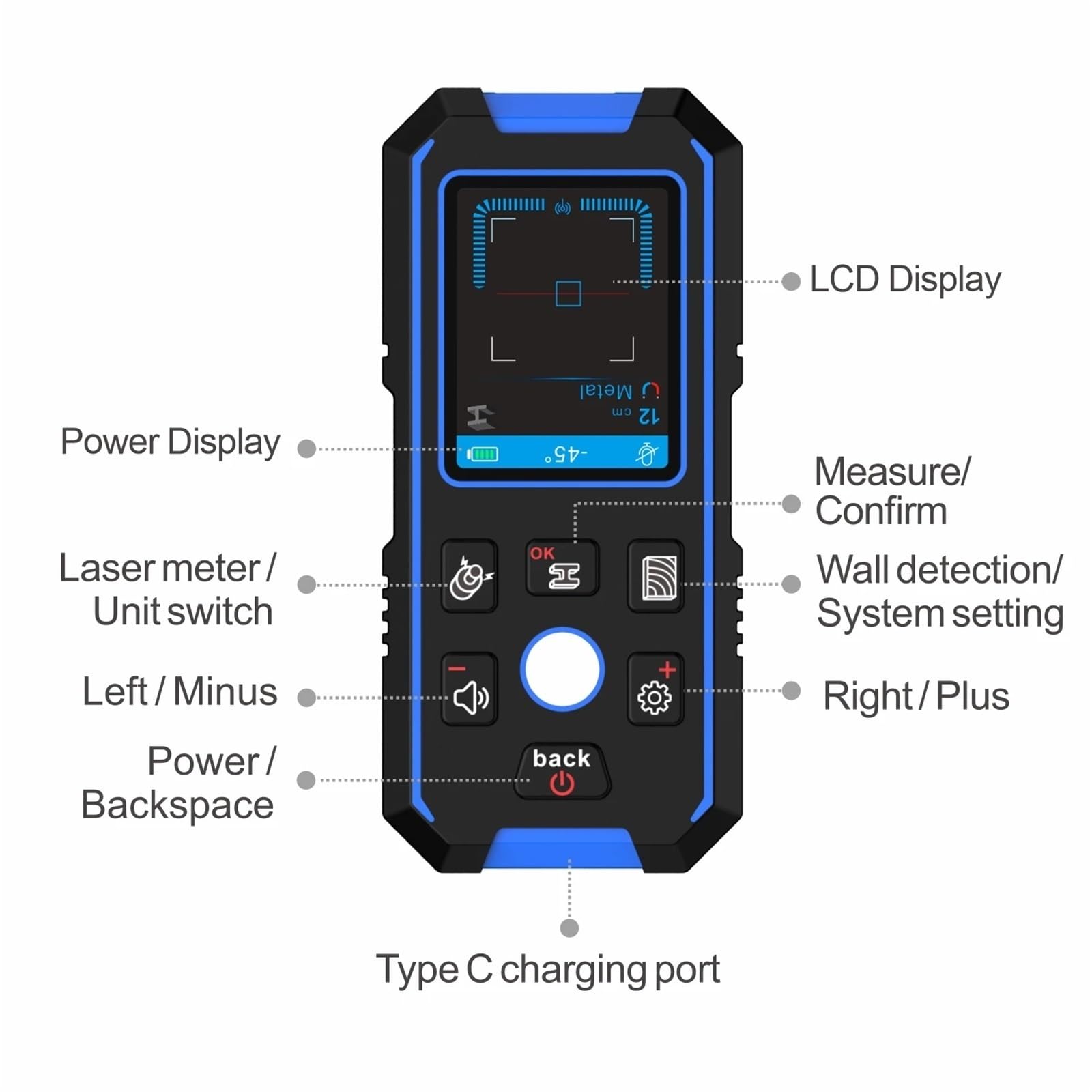 Localizador de cables, Detector de metales de pared, orificio de posicionamiento, cable de CA, metal, montante de madera, medidor de distancia, herramienta, cable, rastreador de profundidad, escáner