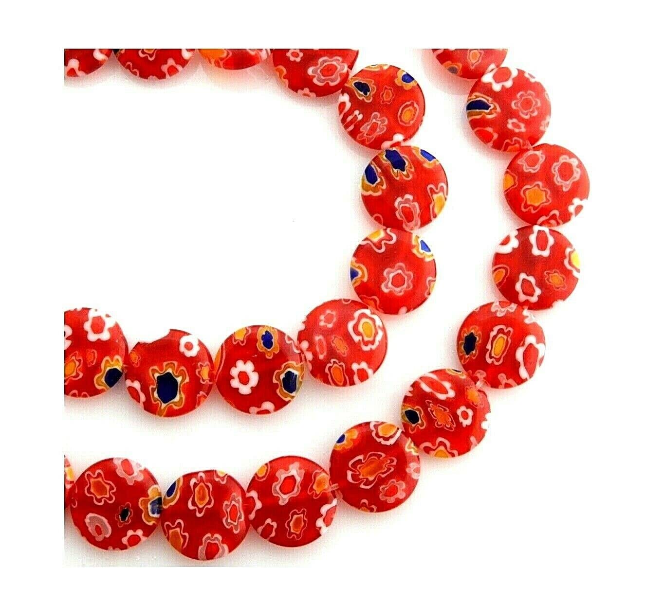 32 Millefiori Glass 12mm Flat Round Coin Colorful Red Mix Multicolor Beads