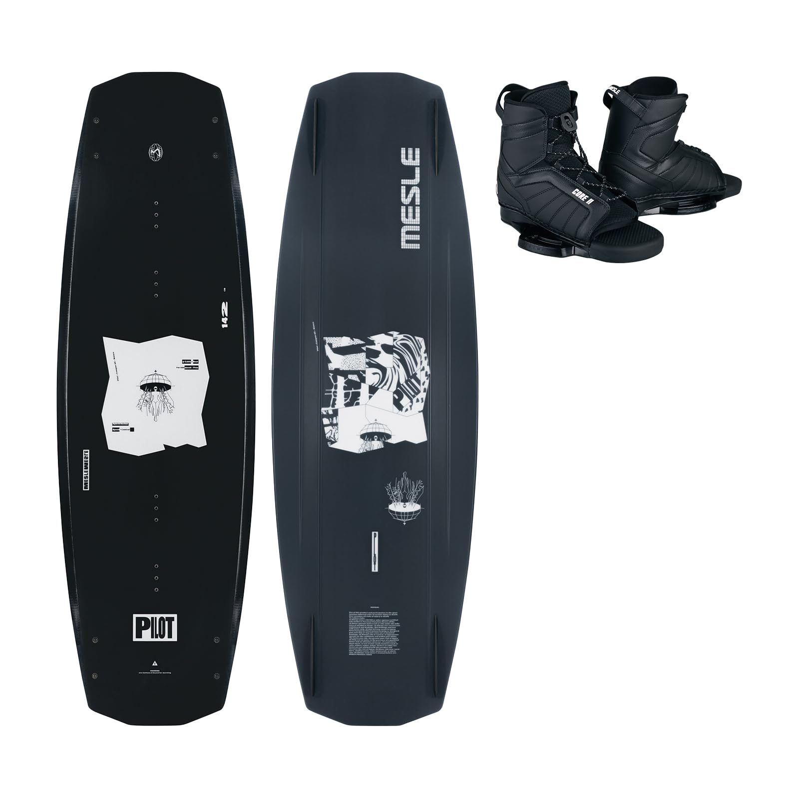 MESLE Wakeboard Set Pilot mit Core Bindung, Wakeboard für Boot & Seilbahn mit Grind Base, Board für Fortgeschrittene bis Profis