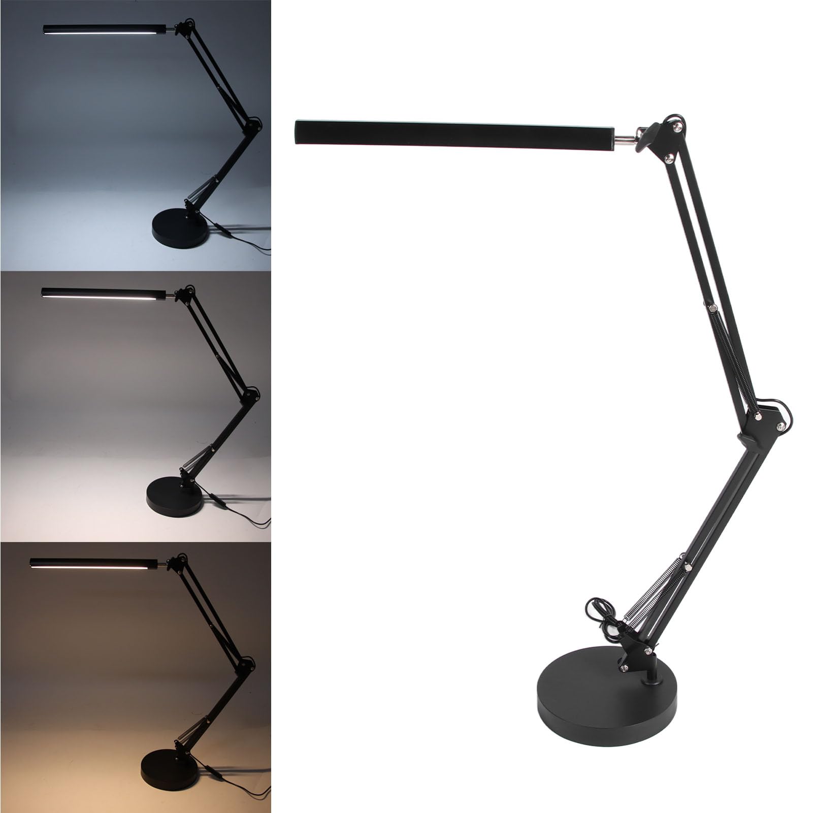 Lámpara de escritorio con brazo oscilante, lámpara de mesa LED con múltiples articulaciones, plegable, USB, para el cuidado de los ojos, con base redonda (Negra)