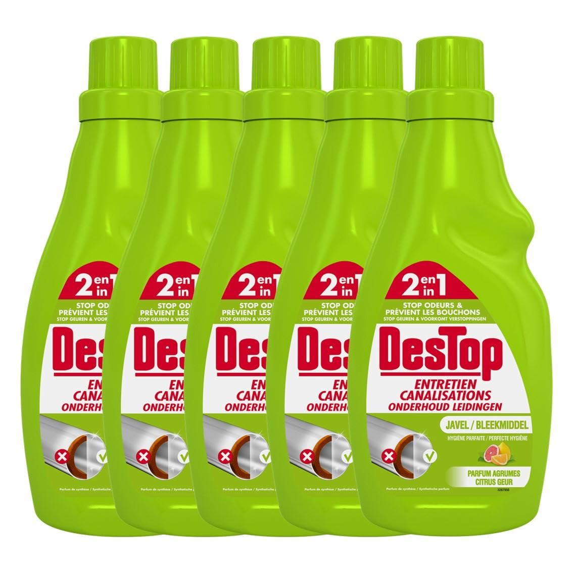 Destop – Lote de 5 geles de mantenimiento para canalizaciones de lejía, perfume fresco, cítricos – 750 ml
