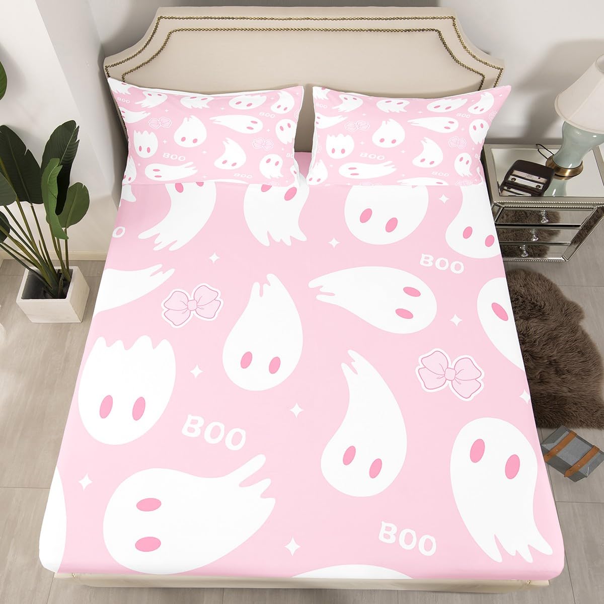 Cartoon Ghost Kids Fitted Sheet King Size,Pink Bowknot Bow Tie Princess Bedding Set,Girls Women Room Decor,Stars Western Holiday Gothic Bed Cover,Romantic Fashion Bed Sheet,2 Pillowcases