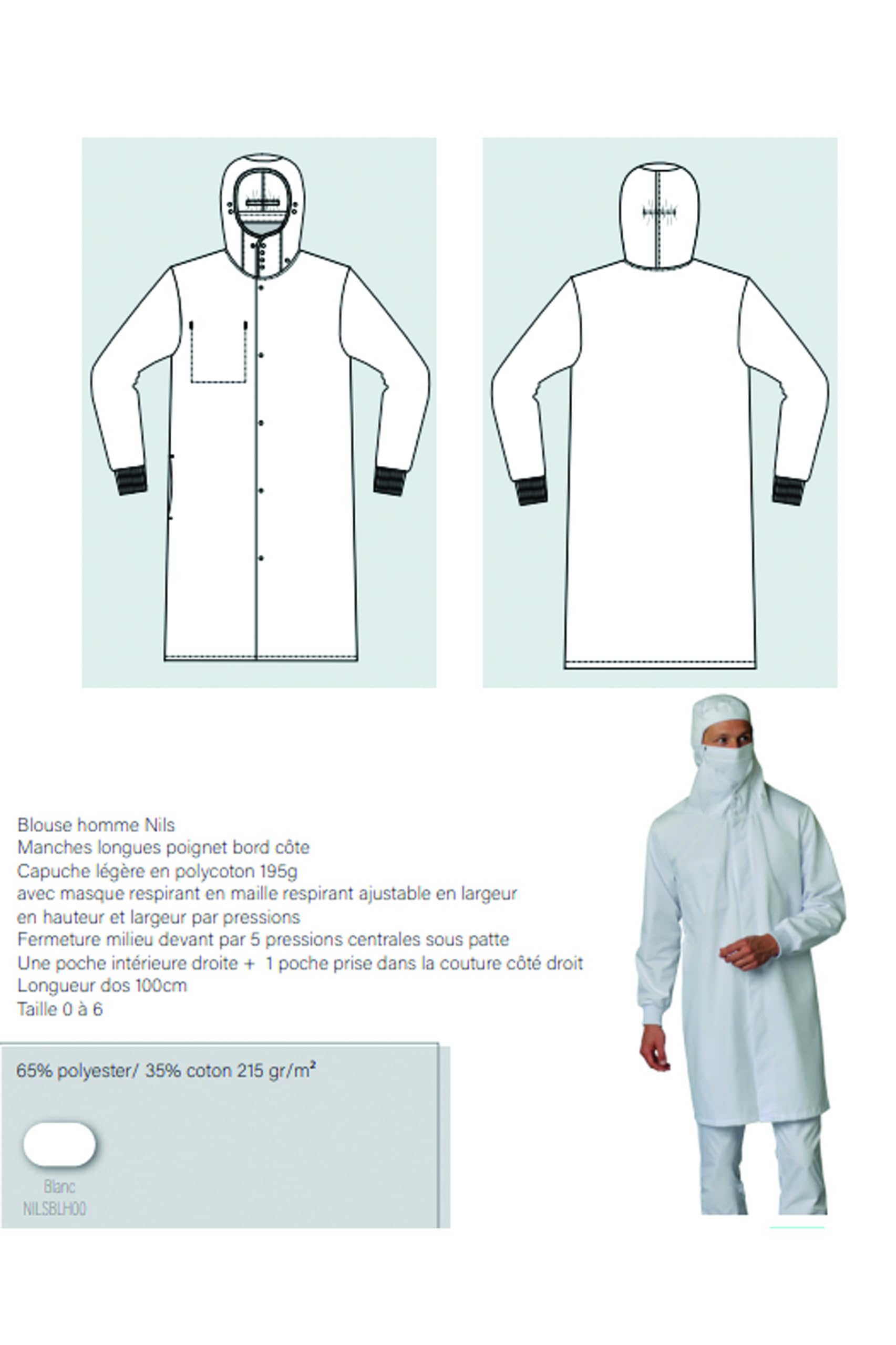 Combinaison agroalimentaire et médicale lavable avec capuche tissu MESH . Blouse de protection premium homme en polyester/coton manches longues (XS)