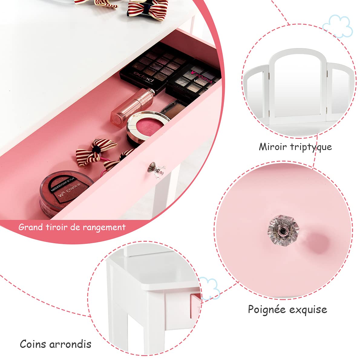 COSTWAY Coiffeuse pour Enfants avec Miroir à Trois Volets, Ensemble de Coiffeuse 2-en-1 avec Dessus Amovible, Tabouret Inclus, Jeu de Simulation de Beauté pour Filles (Blanc)