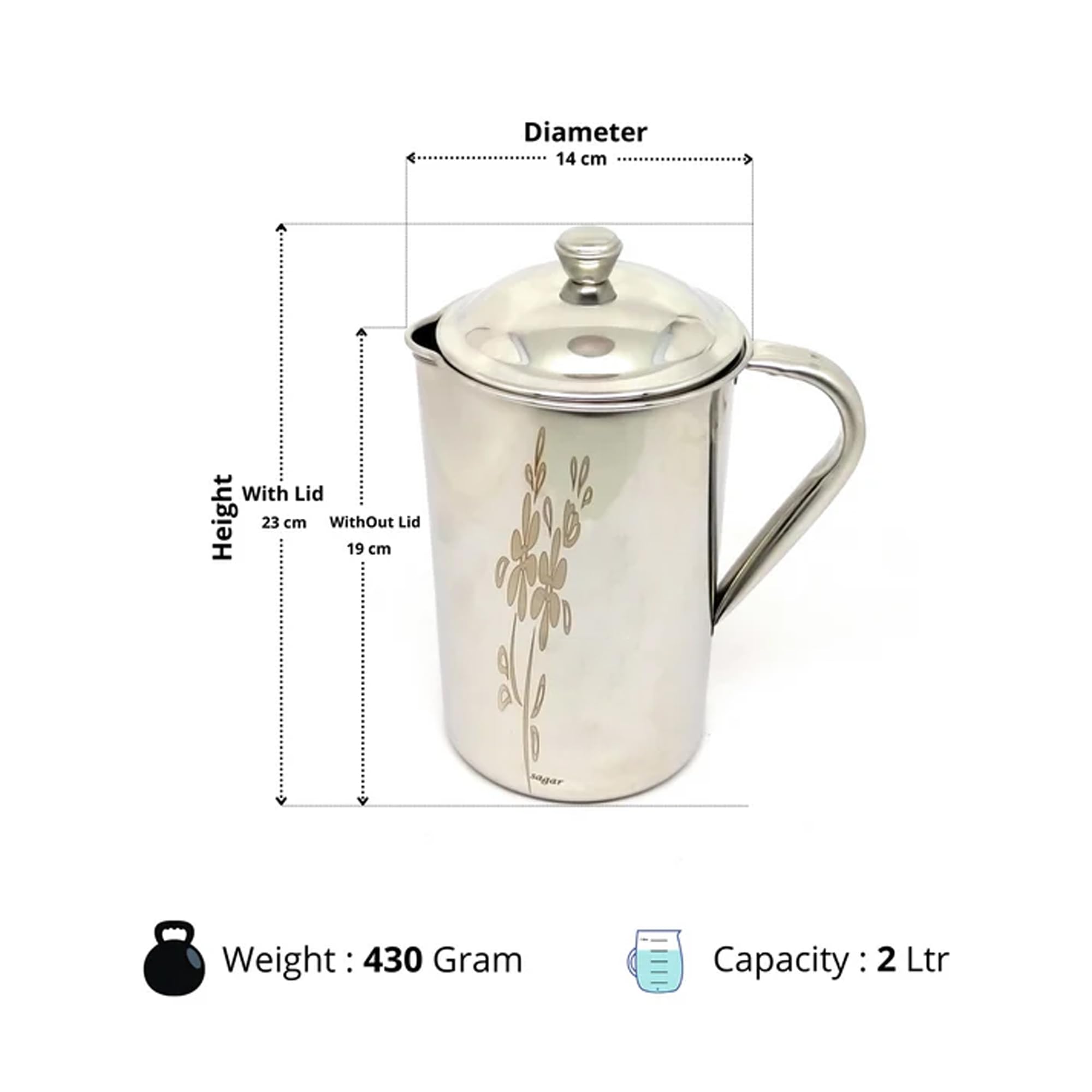 IDEAL PRIME Heavy Gauge Stainless Steel Water Jug with Airtight Lid 1.5 Liter Rust Proof Steel Pitcher Kettle Jug with Laser Print Design 1500 ml Pack of 1 3