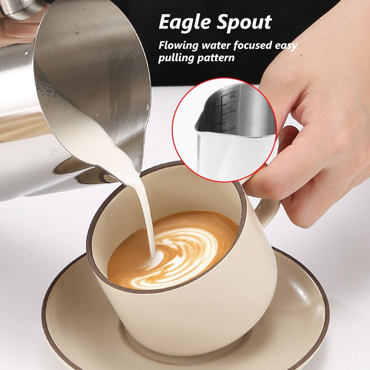 Pot À Lait Lait Pichet Pichet Tasse Pichet À Lait En Acier Inoxydable 20oz 30oz Outils De Barista, Gobelet À Lait Pour Latte Art,Pichet À Mesurer En Métal, Poignée En Bois ( Color : Nero , Size : 600m