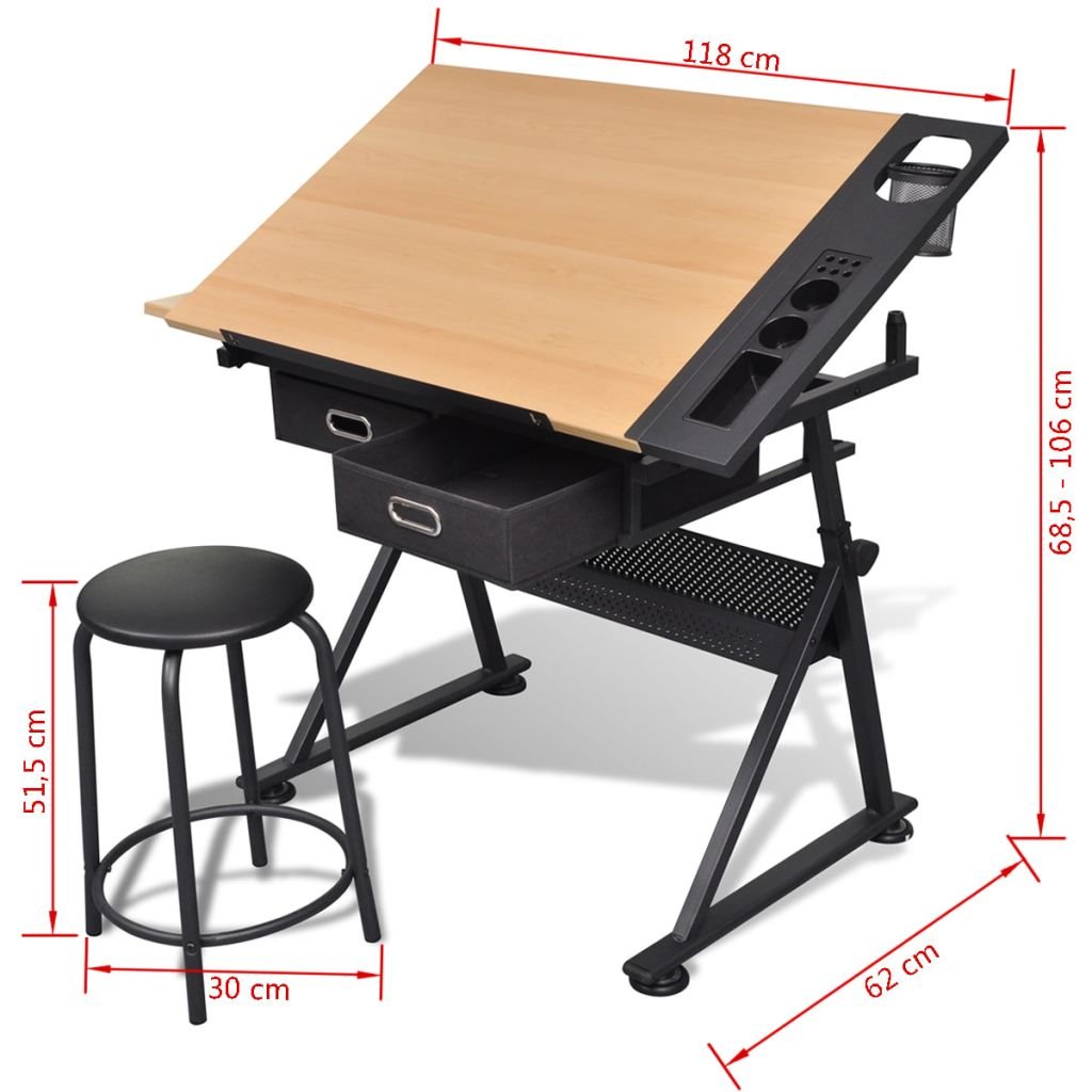 Tidyard Zeichentisch Tisch Architektentisch Verstellbarer Mit Neigbaren (zwischen 0 und 85 Grad) Tischplatte 2 Schubladen & Hocker,Schreibtisch Schülerschreibtisch Arbeitstisch 118 x 62 x 68,5-106 cm