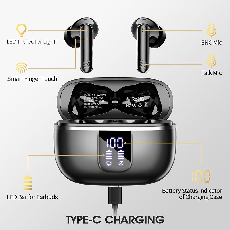 Wireless Earbuds, Bluetooth 5.4 Headphones with 4 Noise Cancelling Mic, 46H In-Ear Buds with 3D Bass Stereo Sound, Small Ears, LED Display, Calls Sports Workout, IPX7 Earphones for Android iOS, Black image 5