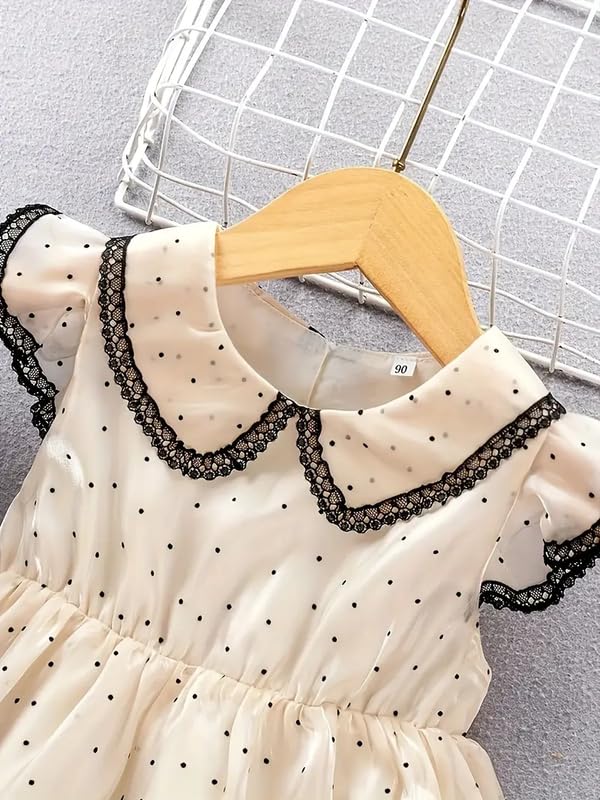 Image of Niren Enterprise Girls' Ivory Polka Dot Peter Pan Collar, Frill Sleeve, Flared Tulle Skirt, Elegant Birthday & Summer Wear Party Dress