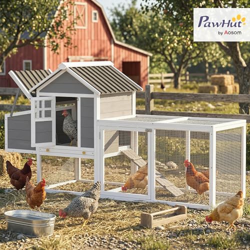Image of PawHut 82 inch Wooden Chicken Coop, Large Outdoor Hen House Poultry Hutch for 2-3 Hens, Chicken House with Nesting Box, Pull-on Tray, Waterproof Roof, Ramp and Roosting Bars for Backyard, Gray