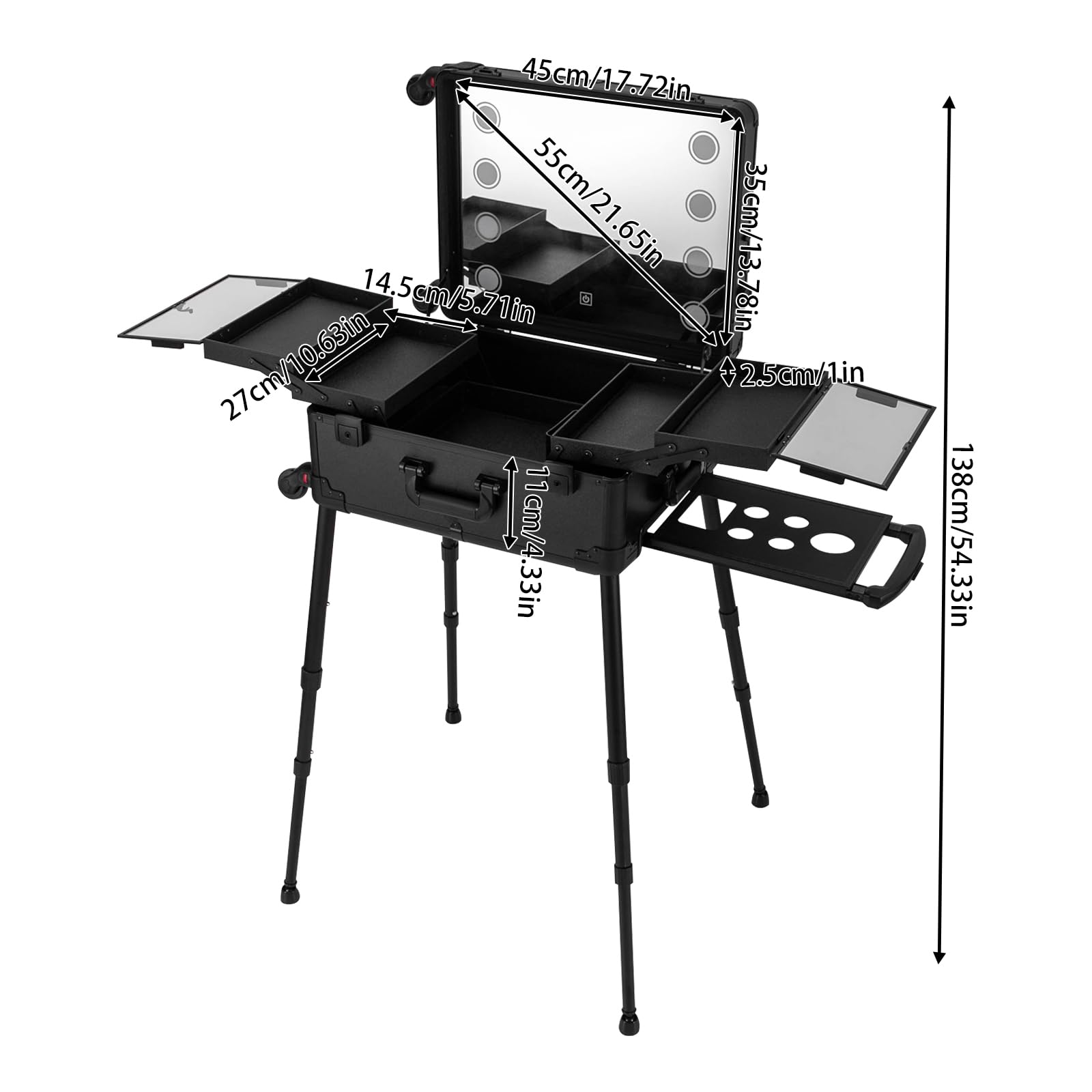 Kosmetikkoffer Mit Spiegel Und LED Licht, Schminkkoffer Damen Rollkoffer, Beautycase Hartschale Mit Rollen, Kosmetikkoffer Groß Mit Teleskopgriff, Beauty Case Für Make Up Und Friseur