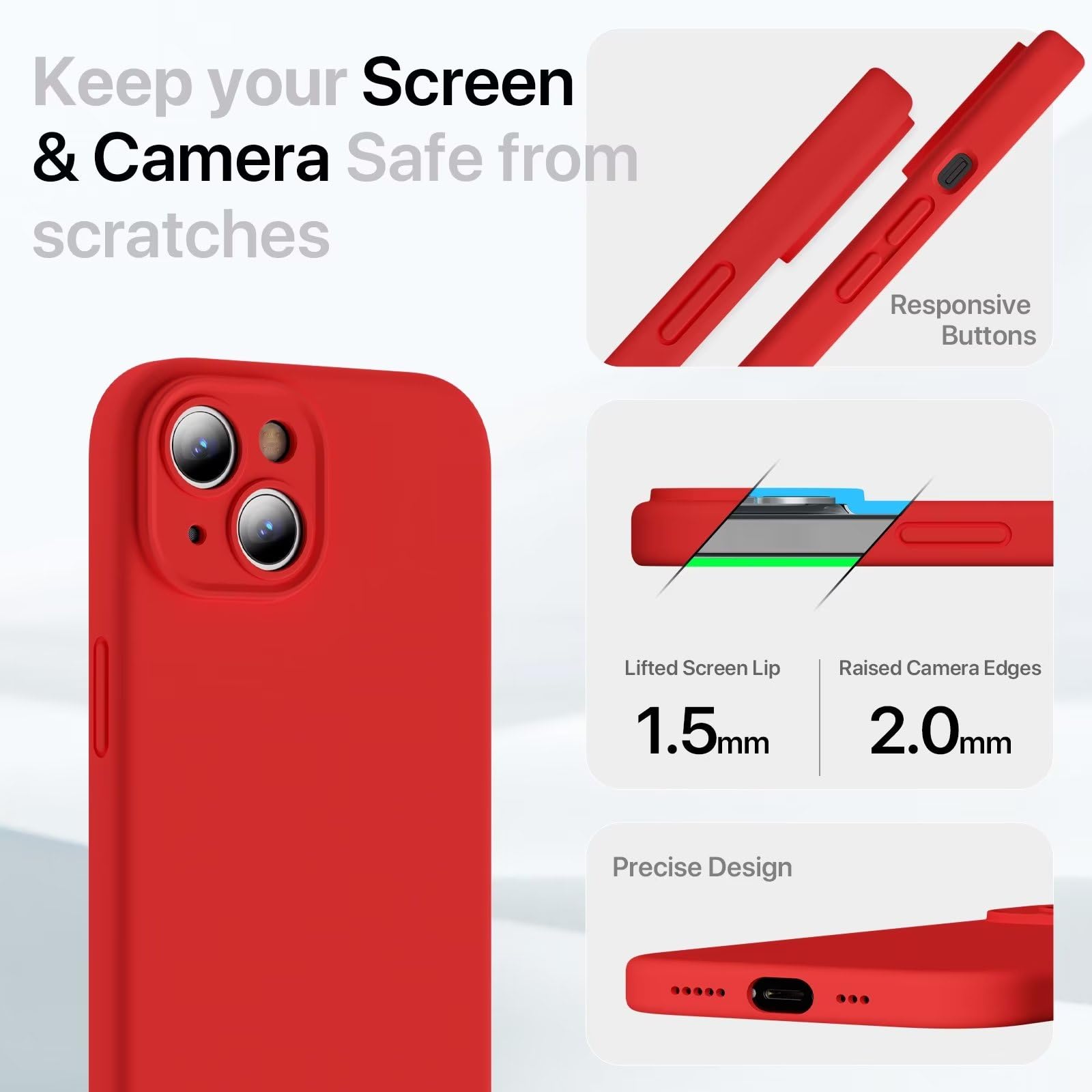 GOODVISH 3 in 1 Silicone Cover per iPhone 15 6.1" (2023), Custodia con 2 Pellicola Protettiva, Case per Cellulare Ultra Sottile Antiurto Resistente [Protezione Fotocamera], Rosso