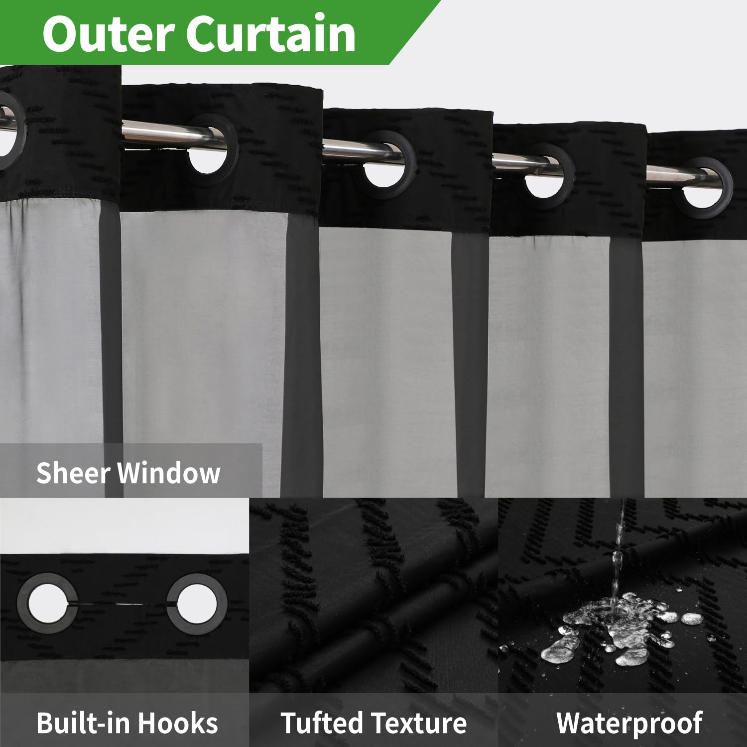 WONICY No Hook Shower Curtain Set - Tufted Chevron Boho Style With Snap-In Liner, 71x74 Inches, Black - View #5
