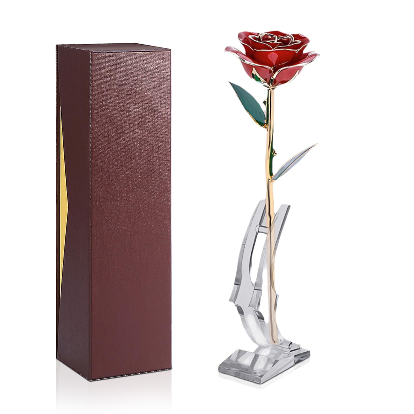 Jwthee Gold Dipped Rose, 24k Gold Rose with Transparent Stand Forever Preserved Long Stem Rose Flowers Golden Roses Romantic Gifts for Women in Her Birthday Anniversary Day Mothers Day