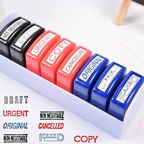 Sellos de oficina con 8 mensajes, con tinta y bandeja de almacenamiento (8 piezas) Sellos de oficina con 8 mensajes, con tinta y bandeja de almacenamiento (8 piezas)