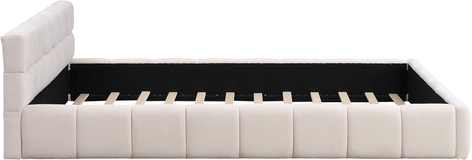 GDFStudio Upholstered Headboard Bed Frame Wood Bed Frame with Chenille Checkerboard Design Headboard Wooden Slats No Box Spring Needed Easy Assembly Platform Bed Beige, Queen