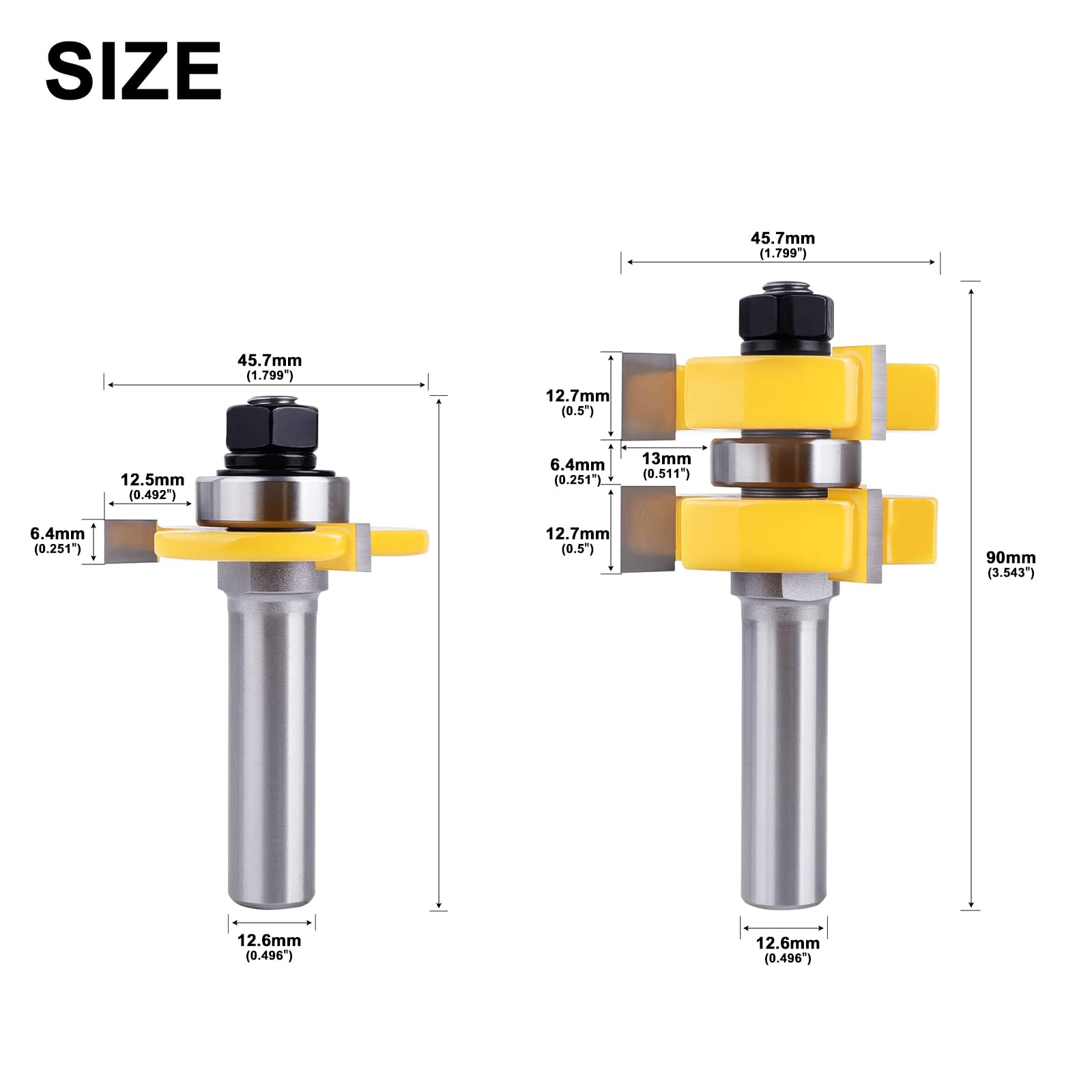 Set di 2 frese a molla, fusto da 12,6 mm, fresa per legno a forma di T regolabile a 3 denti, per la produzione di ante dell'armadio con pannelli in rilievo TS/SHD-02