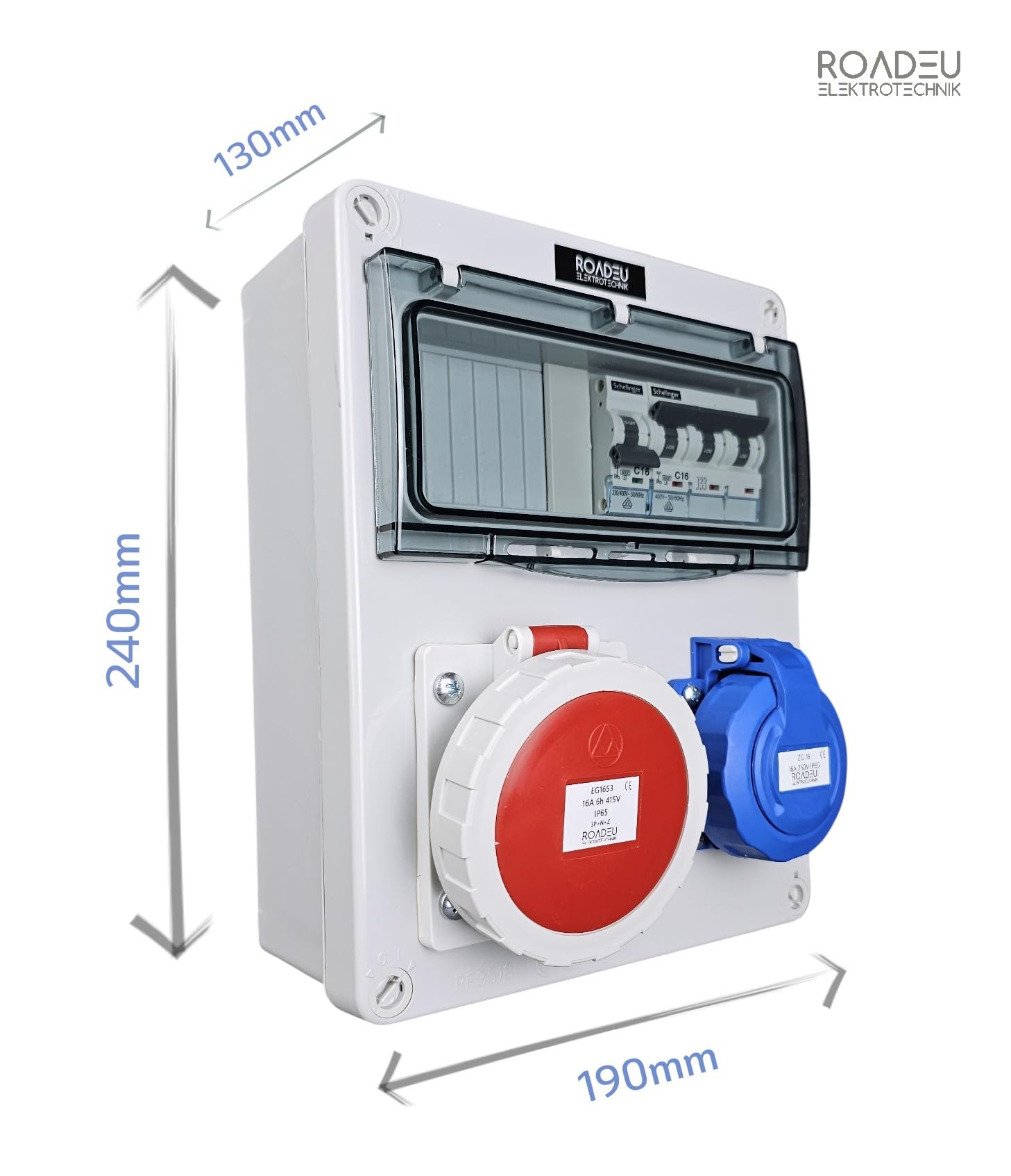 RoadEu Quadro elettrico IP65 CEE 16A 5P 400V e presa Schuko 230V | Interruttori magnetotermici VDE | C16A 3P + C16A 1P | coperchi avvitabili | montaggio a parete