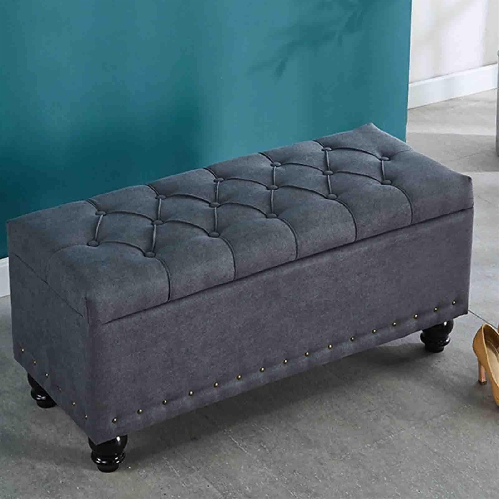 Tabouret ottoman gris avec coffre de rangement rectangulaire pour salon